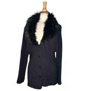 M.K.M Designs Wool Blend Button Front Sweater Black Faux Fur Collar Cardigan